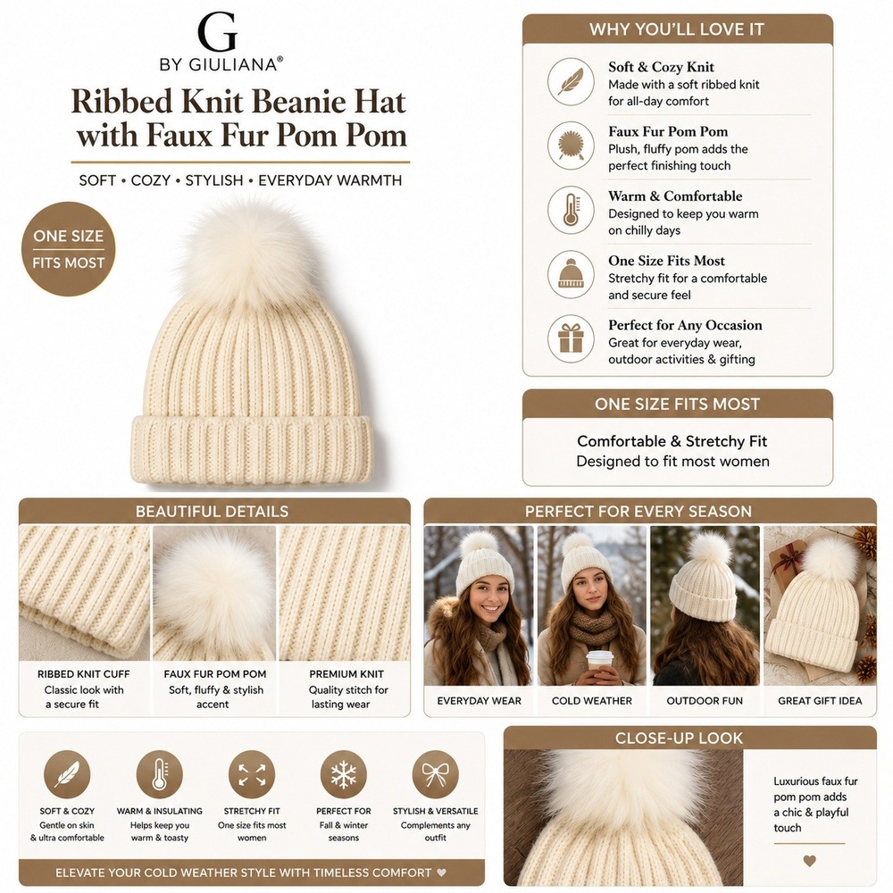 G by Giuliana Women Soft Cream Ribbed Knit Beanie Faux Fur Pom Pom Hat 727018RCE